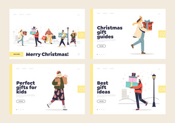 Buying gifts for christmas holidays concept of landing pages set with people carrying present boxes