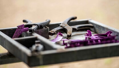 ear tagging equipment and worm drenching gun rady to treat cows and sheep in Australia in the cattle yards