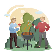 Family Barbecue. Isolated flat style colored illustration. School lessons. Couple on vacation in the park.