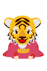 年賀状素材　寅年｜擬人化したキャラクター　漫画　挨拶する振袖の虎　トラ　アイコン　イラスト