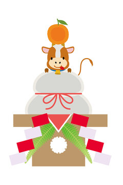 年賀状素材　子年｜鏡餅と可愛いウシ牛のイラスト　漫画　正月イメージ　アイコン