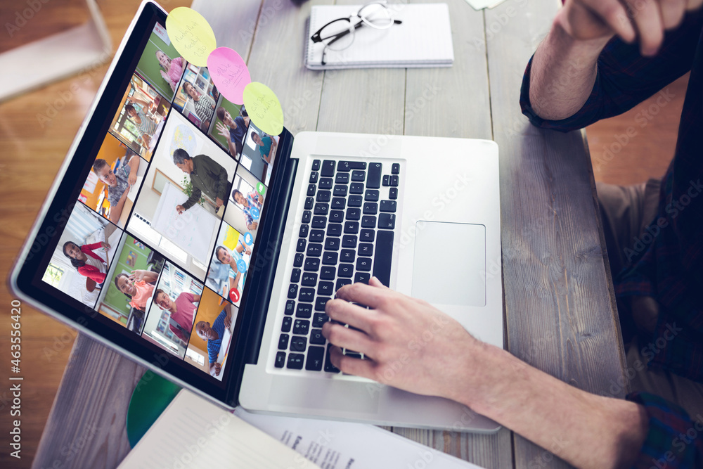 Poster hands of man using laptop for video call, with smiling diverse elementary school pupils on screen