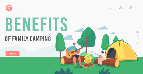 Fototapeta premium Benefits of Family Camping Landing Page Template. Kids Characters Roast Marshmallow on Fire and Playing Guitar