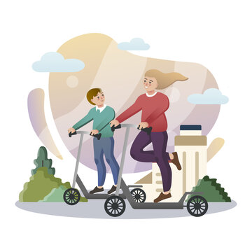 Scooter Riding. Isolated flat style colored illustration. School lessons. Skating on scooter.