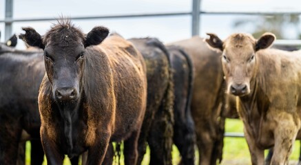 Stud Angus, wagyu, Murray grey, Dairy and beef Cows and Bulls grazing on grass and pasture in a...