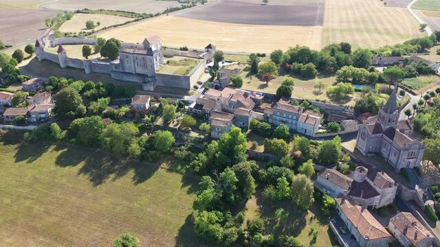 Top view of medieval Villebois-Lavalette castle. Charente department. France