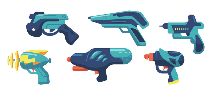 Set of Water, Laser or Blaster Guns, Handguns and Rayguns Weapon. Toys for Kids Game, Alien Space Arms or Child Pistols