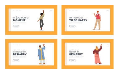 Friendly People Landing Page Template Set. Multinational People Waving Hands, Happy Male and Female Characters