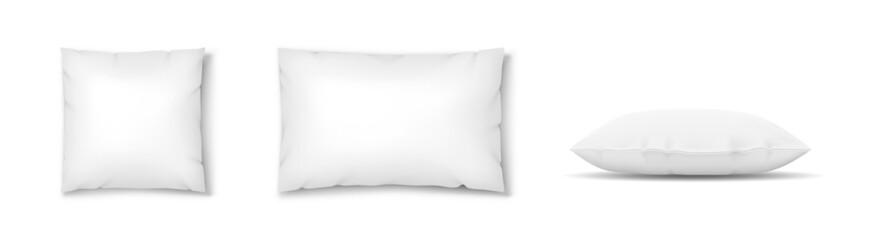 Realistic white pillow square shape. Comfortable cushion for sleep, rest, relax mockups set
