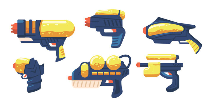 Set Water Blaster Kids Toy Guns of Different Design, Handguns and Rayguns Weapon. Child Game Pistols, Laser Weapon