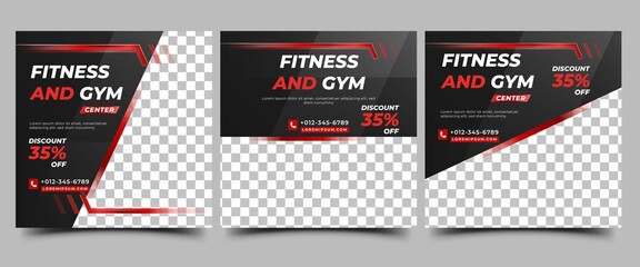 Gym and fitness social media post template design. Set of editable modern square banner with black color background and red shape. Usable for social media post, banner, and website.