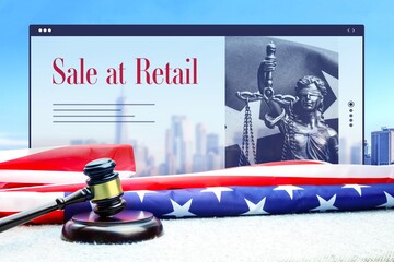 Sale at Retail. Judge gavel and america flag in front of New York Skyline. Web Browser interface...