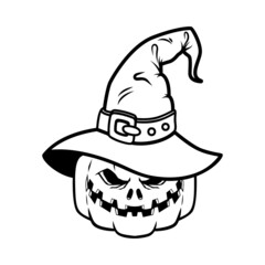 Halloween pumpkin in witch hat. Design element for poster, card, banner, sign t shirt. Vector illustration