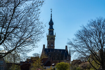 City view on old medieval houses in small historical town Veere in Netherlands, province Zeeland