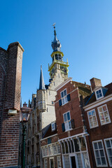 Obraz premium City view on old medieval houses in small historical town Veere in Netherlands, province Zeeland