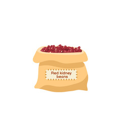 Untied fabric sack with red kidney beans, flat vector illustration isolated.