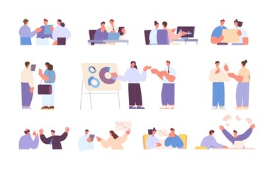 Fototapeta premium Office routine. People working, financial business project. Communication and collaboration, effective management. Adults work utter vector set