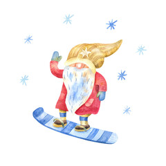 Gnome snowboarding.  Winter fun, sport and recreation. Funny character. Watercolor hand painted illustration isolated on white. Red, blue and yellow colors.