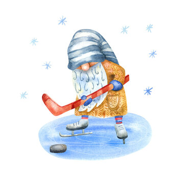 Gnome playing hockey.  Funny character. Winter fun, sport and recreation. Watercolor hand painted illustration isolated on white. Red, blue and yellow colors.