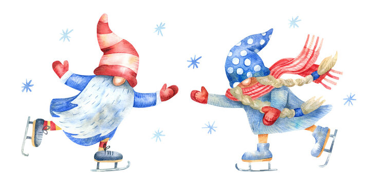Gnomes skating. Winter fun, sport and recreation. Watercolor hand painted illustration isolated on white. Red and blue  colors. Funny characters.