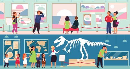 Obraz premium People in museum. Cultural kids, art gallery. Adults and children looking dinosaur skeleton, abstract exhibit visitors. Exhibitions decent vector concept