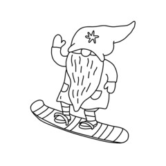 Gnome snowboarding. Doodle hand drawn vector illustration isolated on white. Great for coloring books.