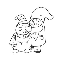 Gnome making a snowman. Doodle hand drawn vector illustration isolated on white. Great for coloring books.