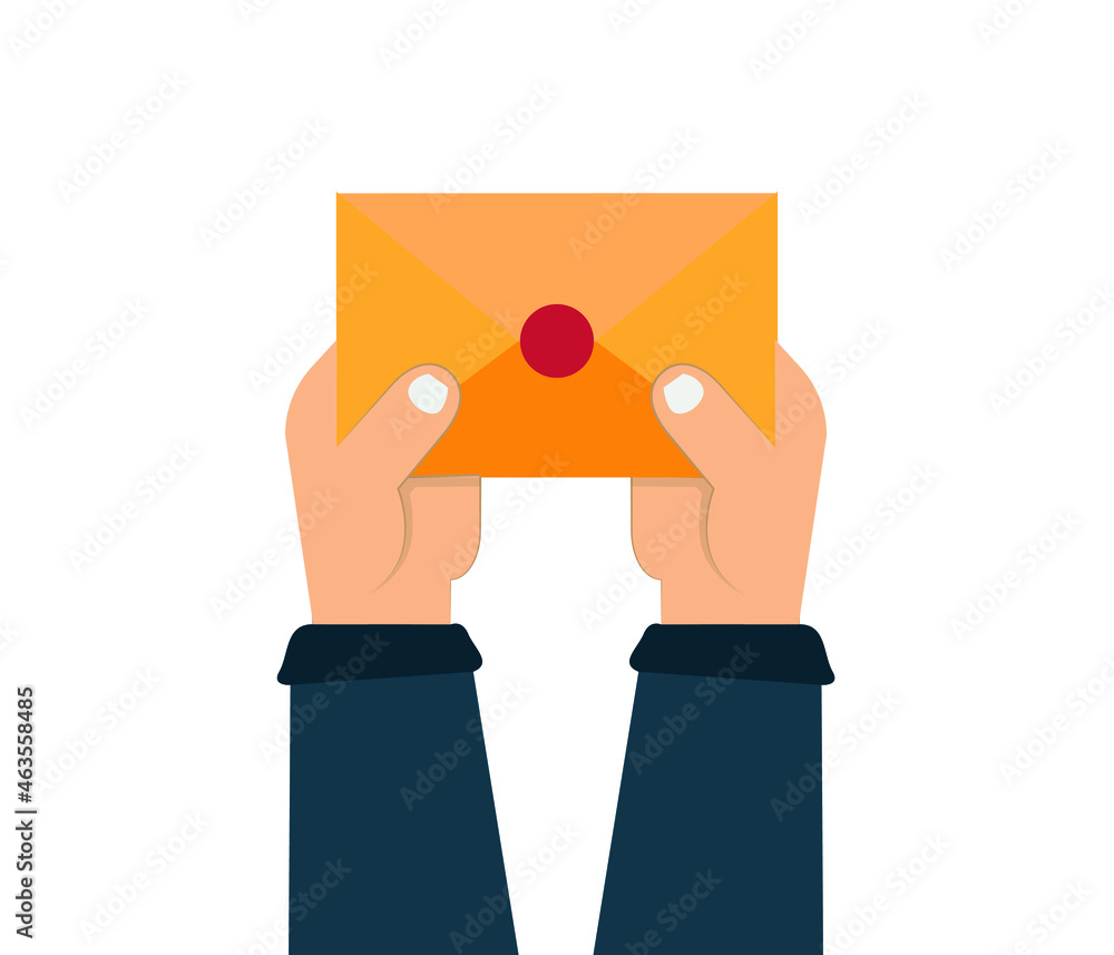 Poster hand holding envelope.receiving new email, mail delivery, message concepts. flat design vector illus