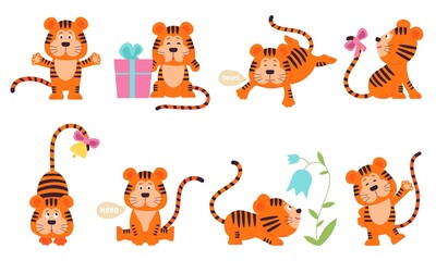Cute tiger characters. New year tigers baby, chinese symbol. Isolated jungle cat. Cartoon wild animals, childish stickers decent vector set