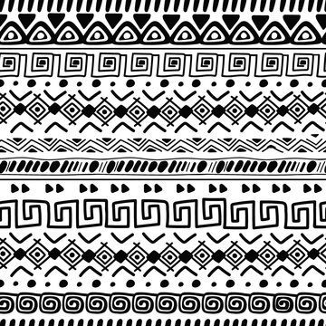 African decorative pattern. Tribal ornament, tiki ethnic design. Native mexican black background. Maya print, geometric doodle decent seamless texture