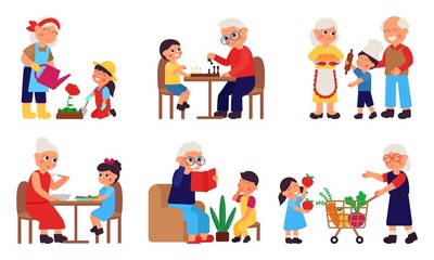 Children with grandparents. Cartoon grandparent spend time with grandchildren. Cute grandson and granny, elderly people family decent vector set