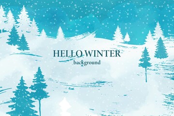 Winter background with snowdrifts, snowflakes, trees, spruces, pines. Christmas, New Year landscape. Place for text.