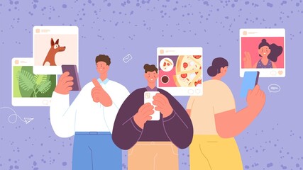 Adults with smartphones. Social media, post photos. People communication, look and like posts vector concept