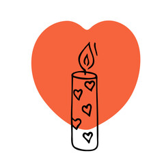 Doodle candle simple icon.Decoration for birthday party or romantic dinner for Valentine's Day.Festive hand-drawn candlelight logo with wick and wax.Element for holiday atmosphere.Isolated.Vector