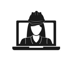 Worker with hard hat. online technical service support personnel. editable vector
