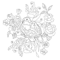 Contour linear illustration for coloring book with paradise birds in flowers. Tropic parrots,  anti stress picture. Line art design for adult or kids  in zen-tangle style, tattoo and coloring page.
