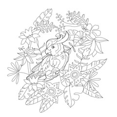 Contour linear illustration for coloring book with paradise bird in flowers. Tropic parrot,  anti stress picture. Line art design for adult or kids  in zen-tangle style, tattoo and coloring page.