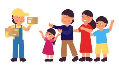 Courier. Delivery guy, worker and happy family. Deliveryman with parcels, isolated boy with boxes, parents and children, decent vector characters