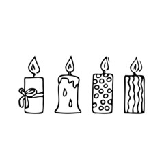 Doodle candles set.Decoration for birthday party or romantic dinner for Valentine's Day.Festive hand-drawn collection candlelight with wick and wax.Elements for creating holiday atmosphere.Isolated
