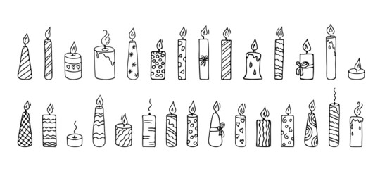 Doodle candles set.Decoration for birthday party or romantic dinner for Valentine's Day.Festive hand-drawn collection candlelight with wick and wax.Elements for creating holiday atmosphere.Isolated