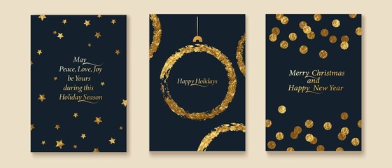 Shiny, festive Christmas, New Year greeting cards collection. Golden foil, glitter texture. Dotty background, stars. - obrazy, fototapety, plakaty