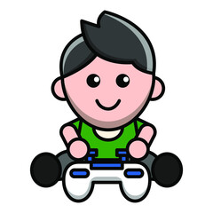 cute character playing game console illustration vector graphic