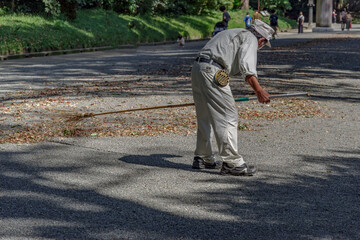 砂利の参道を特別な竹箒で掃除する職人さん　明治神宮