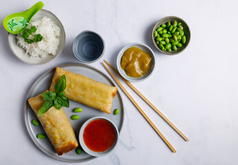 Spring rolls with rice. Homemade spring rolls with rice and sour sweet sauce and curry on the side.
