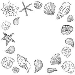 Doodle frame with starfish and seashells, hand-drawn sea symbols. Fossils painted by ink, pen.Line, minimalism.Simple sketchy template. Isolated. Vector illustration.