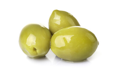 Delicious green olives isolated on white background