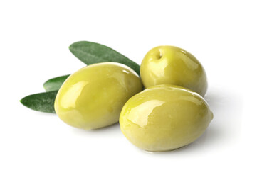 Delicious green olives isolated on white background