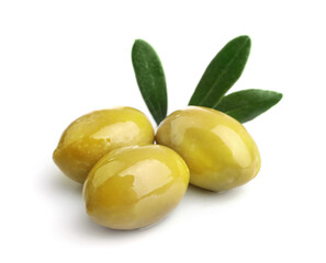 Delicious green olives isolated on white background