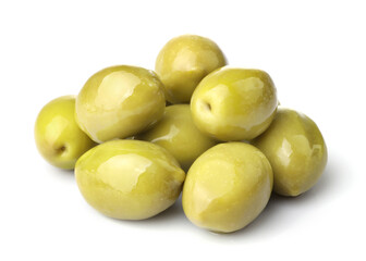 Delicious green olives isolated on white background