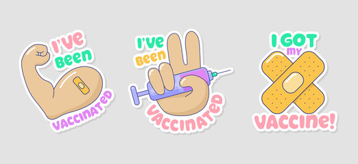I have been vaccinated set of cartoon stickers. Covid-19 immunization campaign icons. Injection, prevention of virus spread, treatment vector illustration